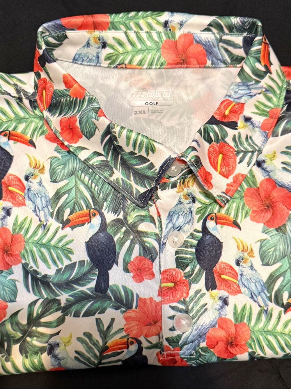 bcg White Tropical Bird Print Golf Polo with Green Leaves & Coral Flowers
